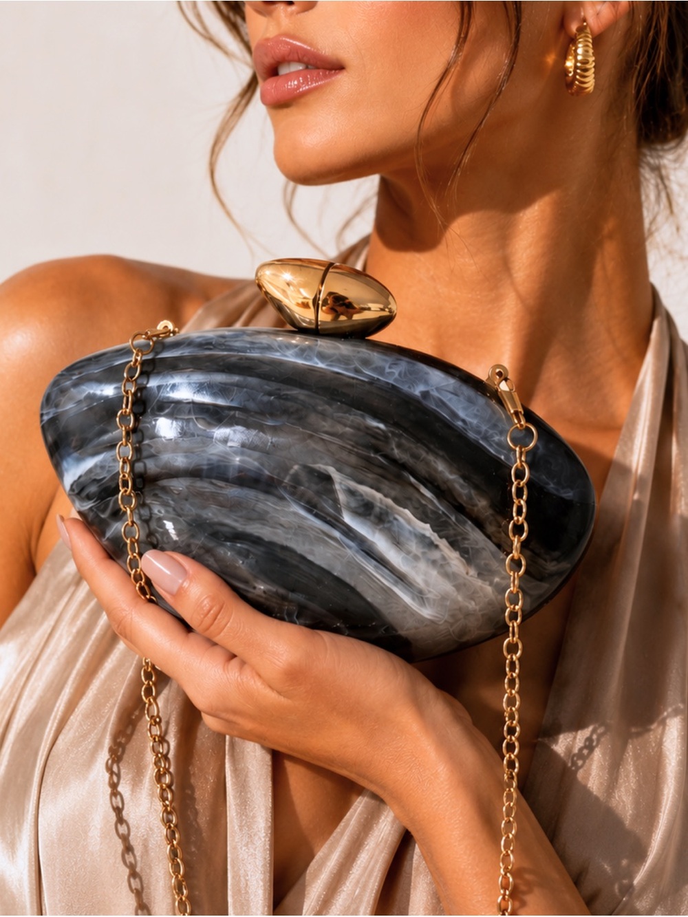Black Marble-Effect Evening Clutch with Gold Chain